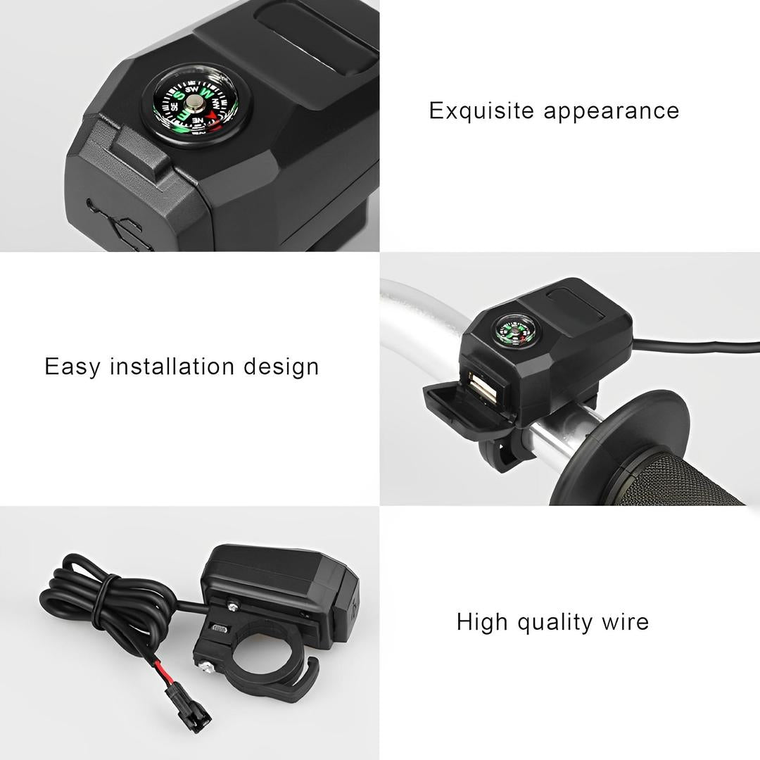 Motorcycle USB Fast Charger with Compass – Waterproof & High-Speed Charging